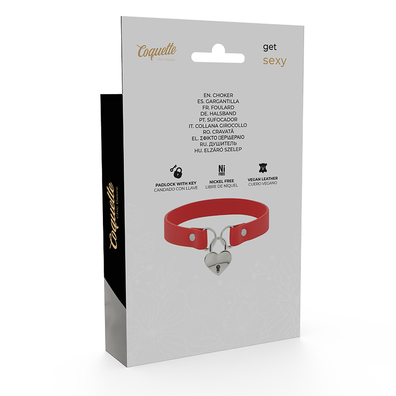 COQUETTE - CHIC DESIRE COLAR DE COURO VEGANO VERMELHO COM ACESSÓRIO DE CORAO COM CHAVE - Image 6